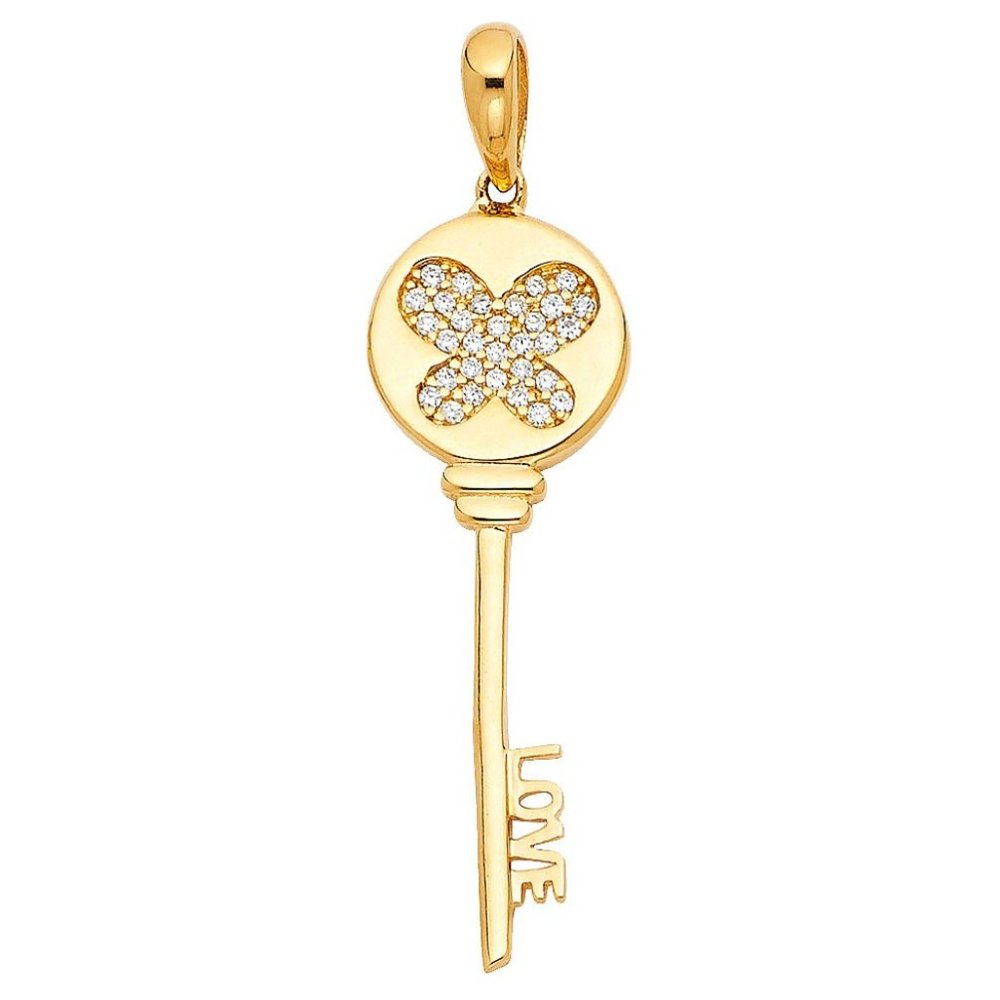 14KT Gold Love Key CZ Pendant 32mm x 11mm